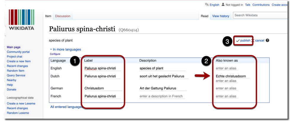 Hoe voeg ik een woord in een andere taal toe aan een item op Wikidata
