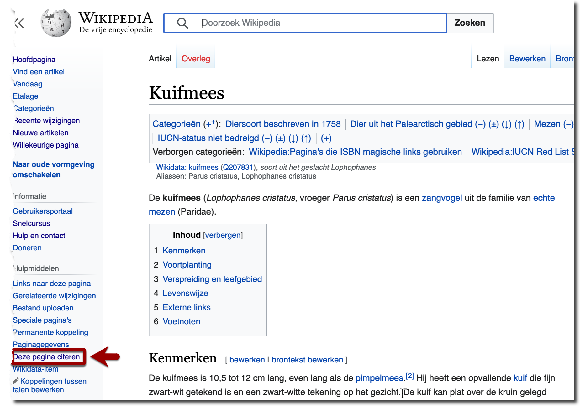 De optie 'deze pagina citeren' in het menu aan de linkerkant van een Wikipedia artikel 